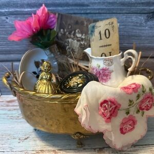 Vintage hammered brass planter vignette bundle Lefton butter pat brass bell rose